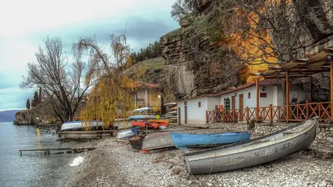 Noord-Macedonië: beach, boats, morning, ohrid