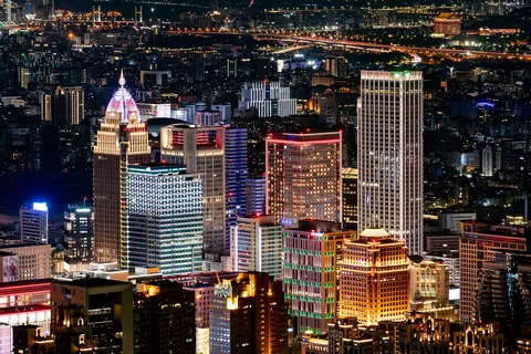 Taiwan: cityscape, city, city lights, evening